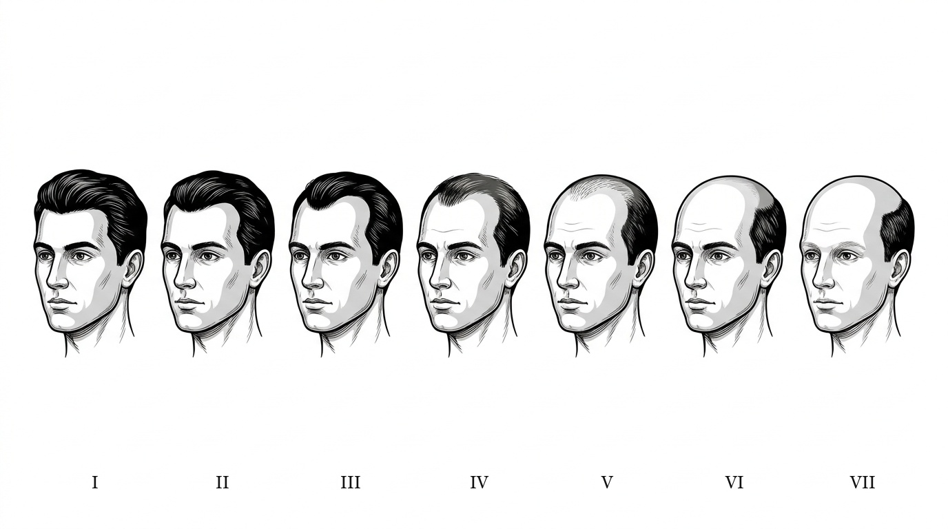 Die sieben Stufen des männlichen Haarverlusts nach Hamilton und Norwood: von der vollen Haarlinie (I) über zurückweichende Schläfen und lichten Wirbel bis zum Haarkranz (VII)